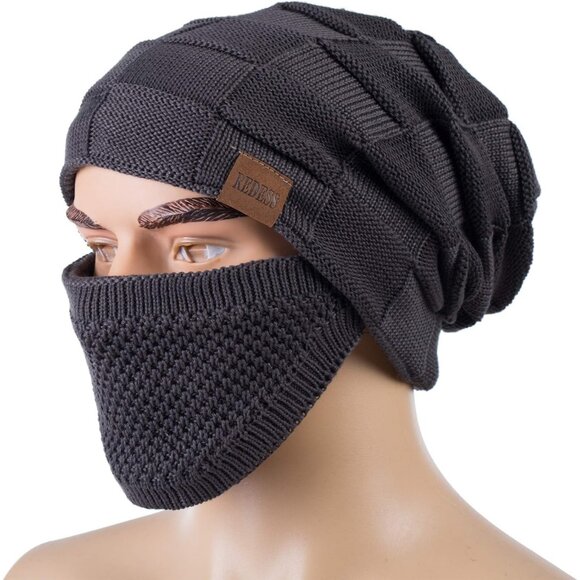 Men & Women D3 Pure Dark Gray Winter Warm Knit Slouchy Skull Cap with Face Cover - Picture 2 of 2